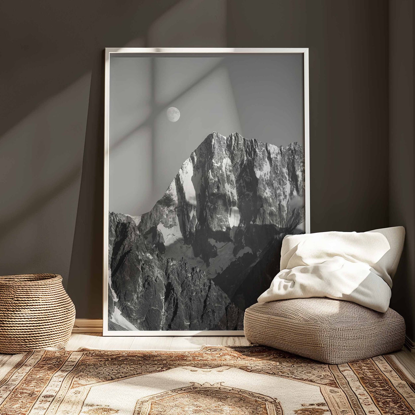 Black and white wall art of Grand Jorasses with a full moon rising over Chamonix.