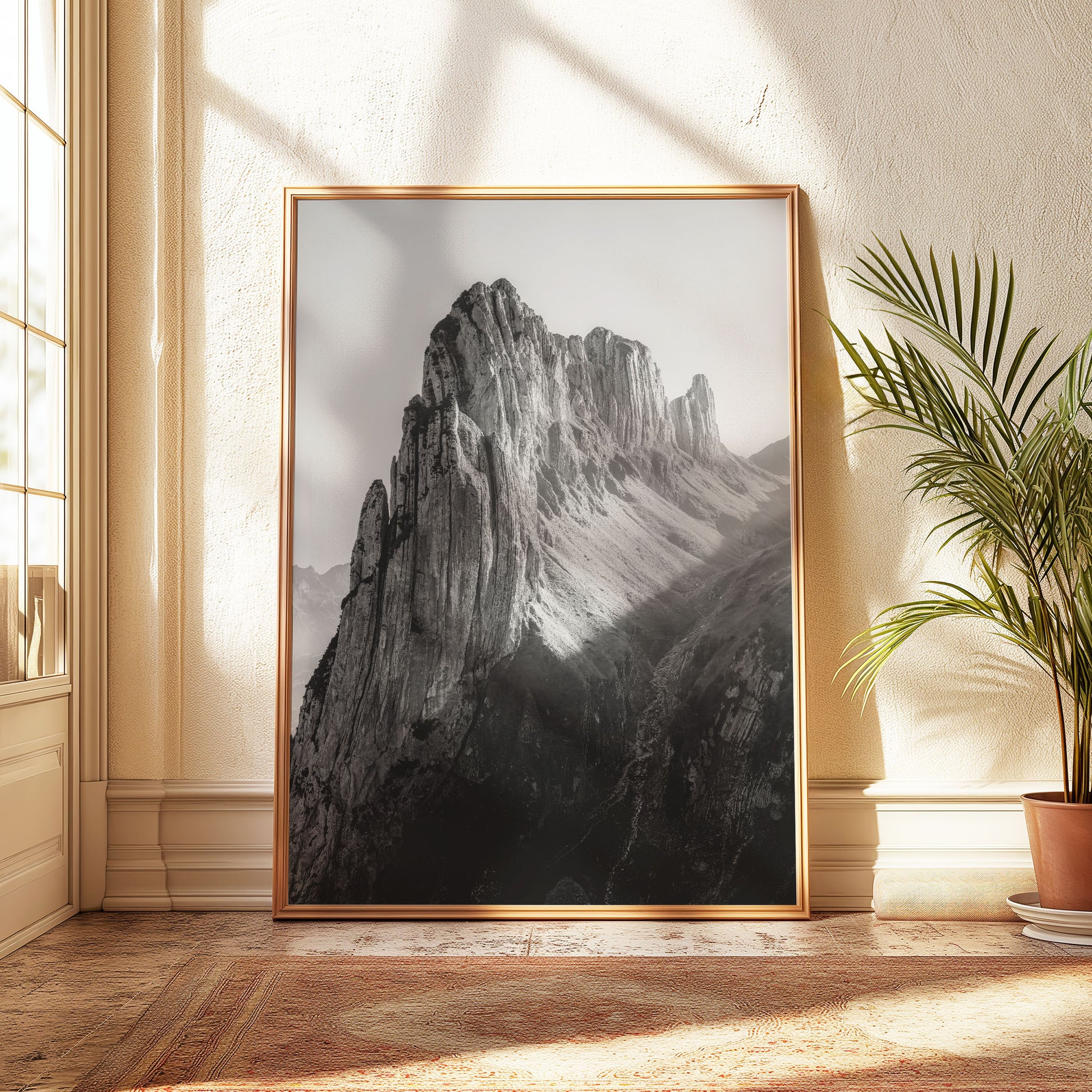 Monochrome Saxer Lücke ridgeline in Appenzell Switzerland, with dramatic textures and light, ideal for mountain wall decor enthusiasts.