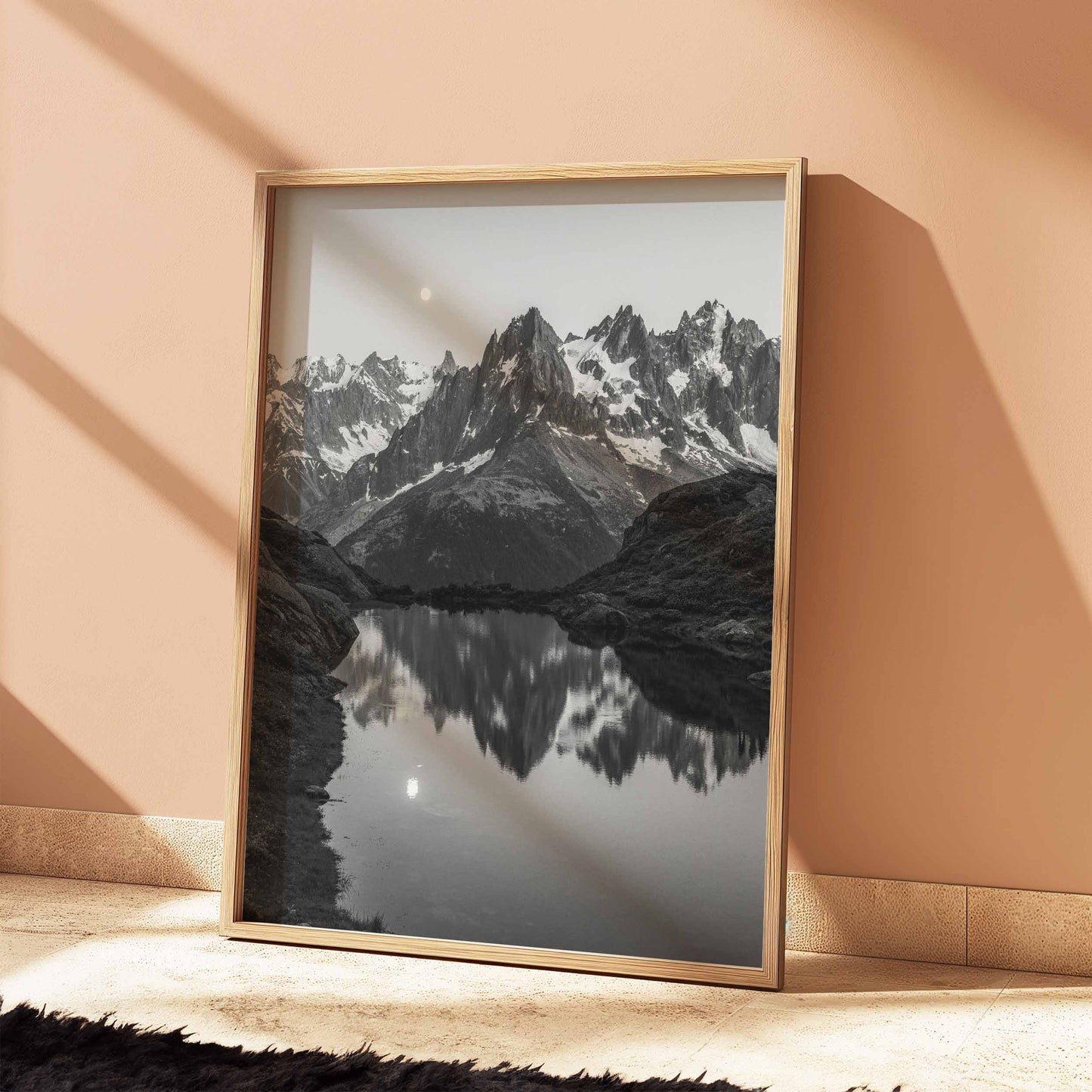 Fine art print of Lac de la Flégère, black and white photography with a perfect mirrored reflection.