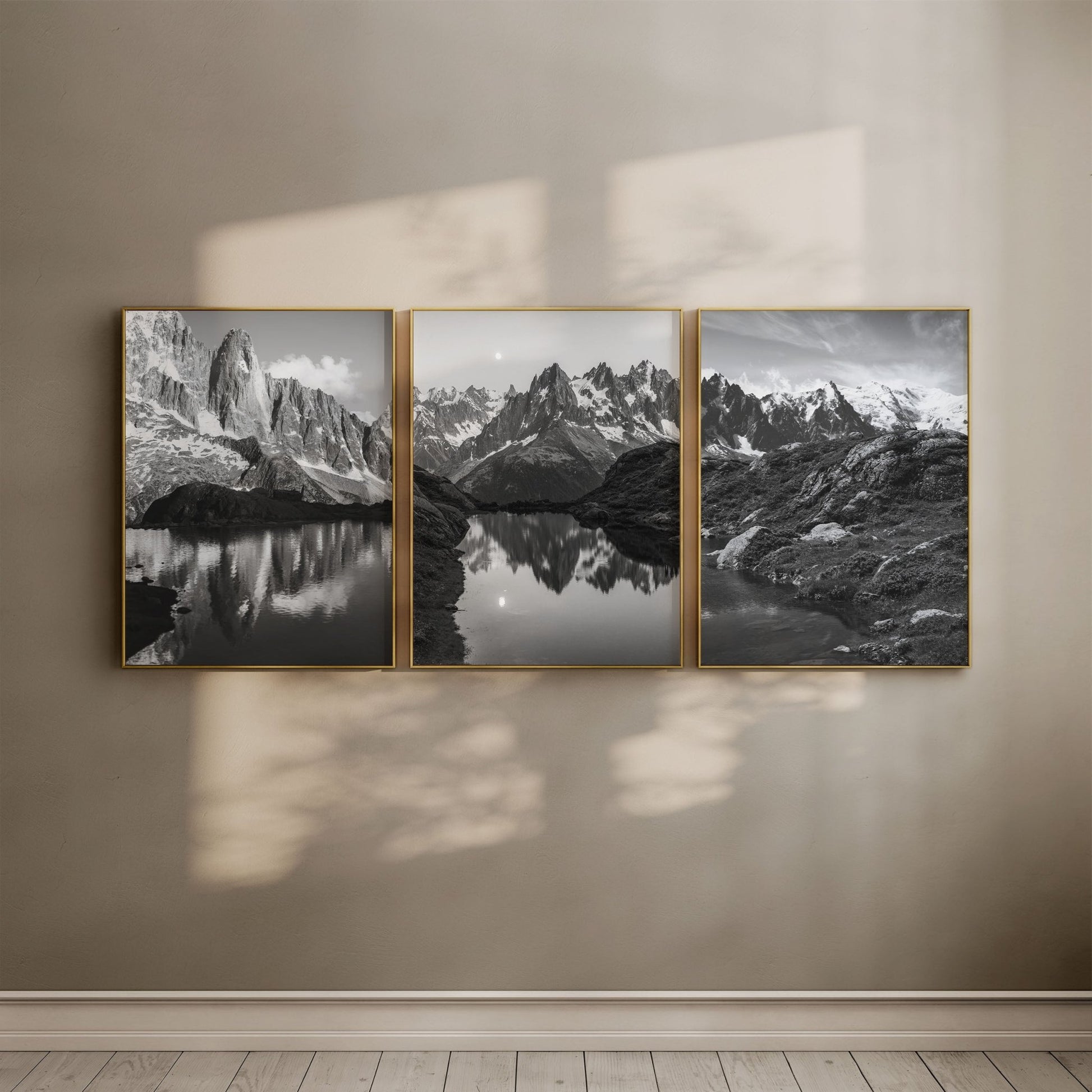 Black and white gallery wall art set featuring iconic Chamonix mountain views