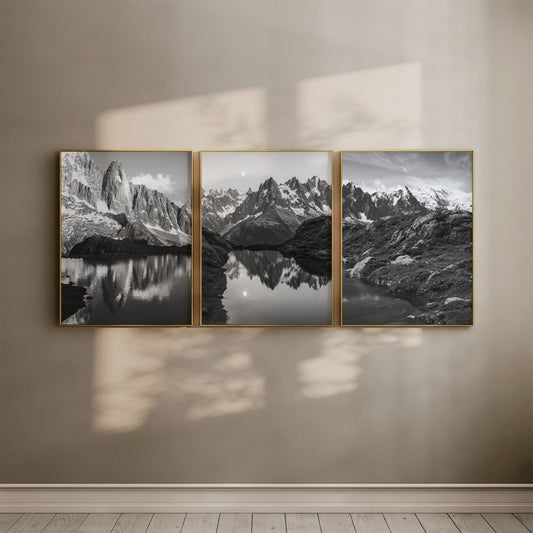 Black and white gallery wall art set featuring iconic Chamonix mountain views