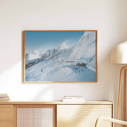 Framed art print of the Bochard lift and skiers at Grand Montets, Chamonix.