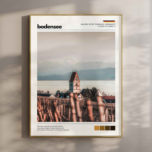 Bodensee Lake Constance Germany church vineyard photography print in gold float frame mounted on warm beige wall with window light shadows