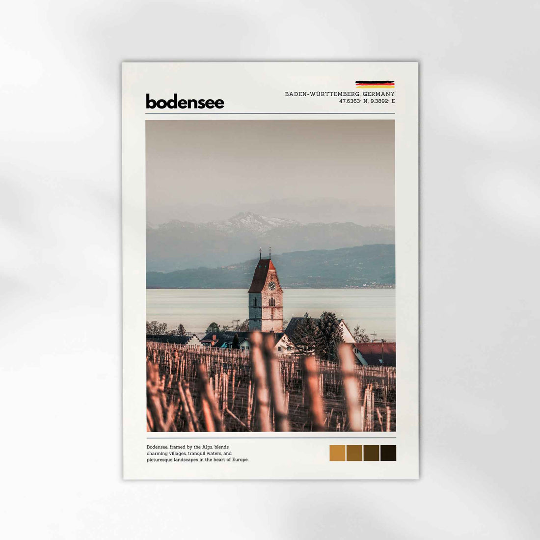 Unframed Bodensee Lake Constance Germany fine art print on white background showing lakeside church tower above winter vineyards with Alpine backdrop