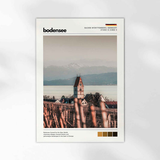 Unframed Bodensee Lake Constance Germany fine art print on white background showing lakeside church tower above winter vineyards with Alpine backdrop