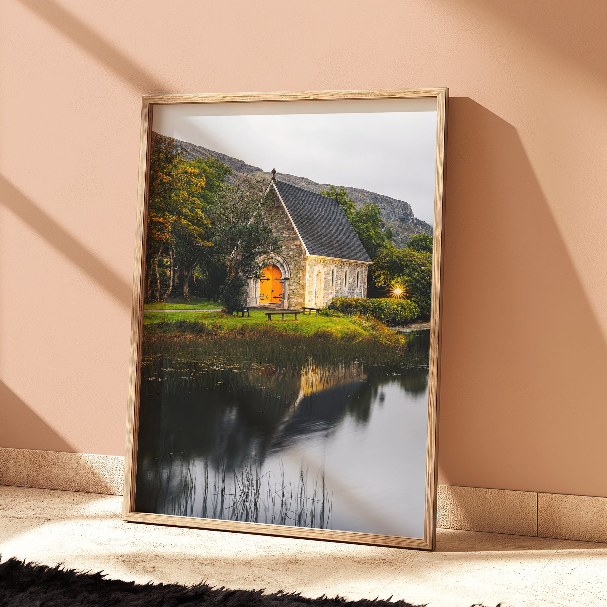 Framed print of Gougane Barra at sunset with soft natural light