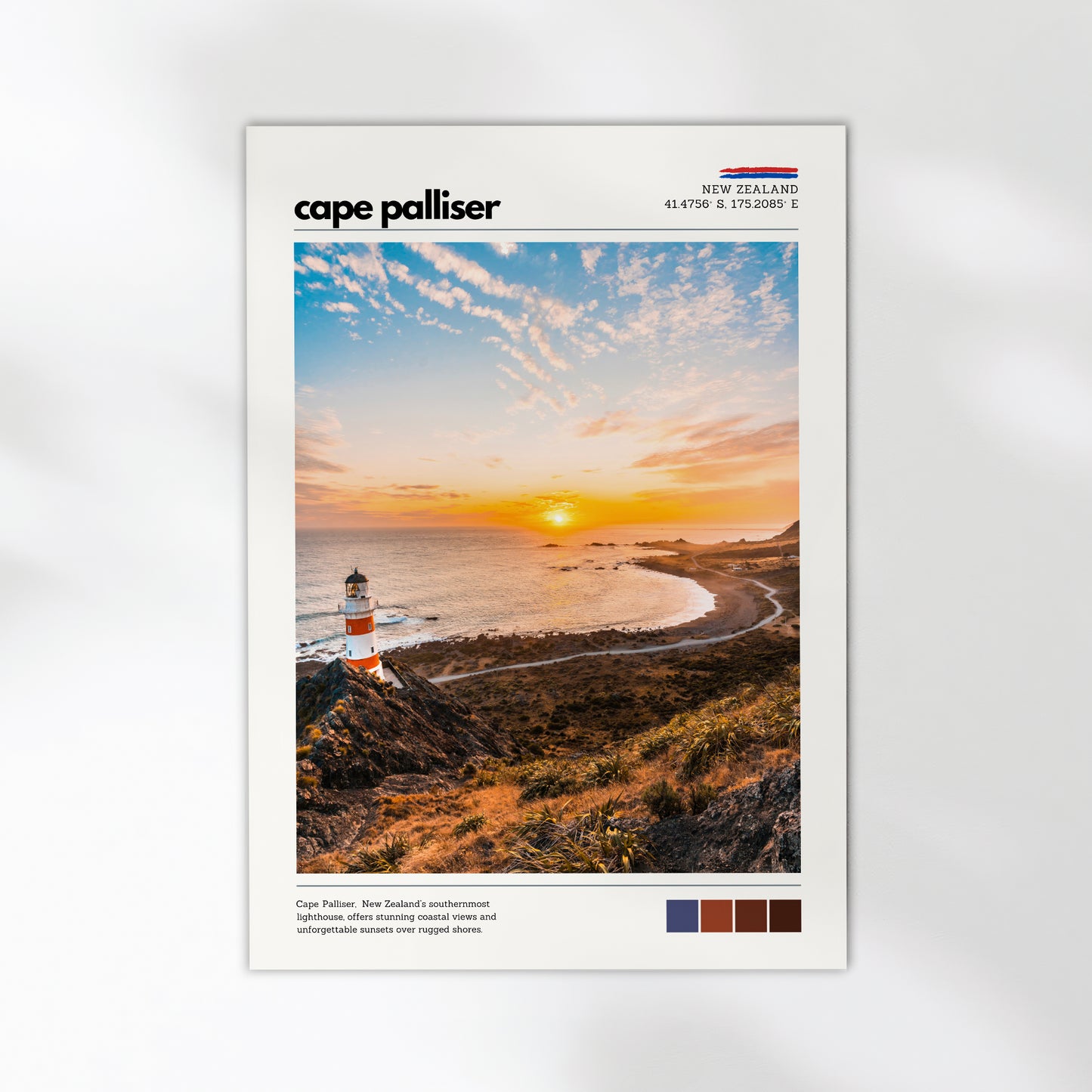 Cape Palliser lighthouse art print featuring a New Zealand coastal landscape