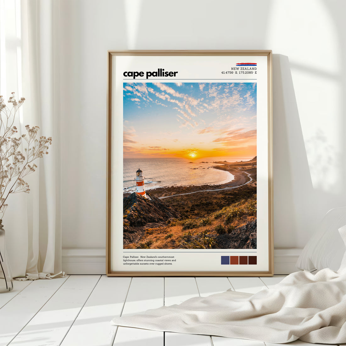 Framed Cape Palliser lighthouse wall art displayed in a modern interior