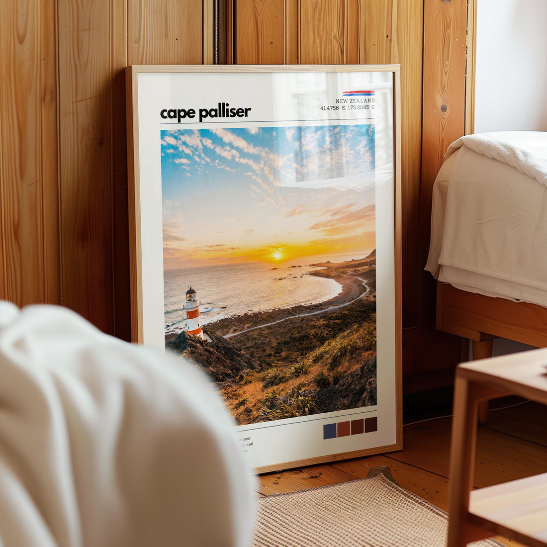 Cape Palliser New Zealand wall art print styled in a calm coastal interior