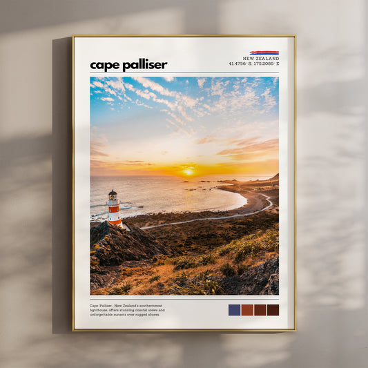 Cape Palliser lighthouse wall art print overlooking the New Zealand coastline at sunset