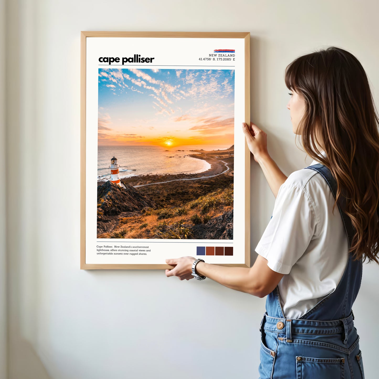 Person hanging a Cape Palliser wall art print showing scale and proportions