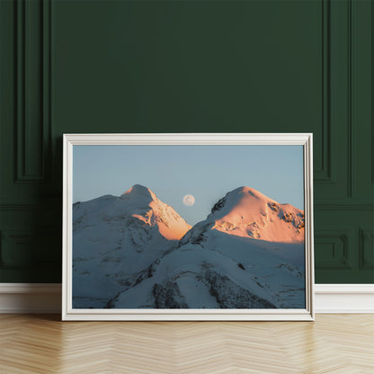 Classic framed Castor and Pollux mountain wall art in a room with deep green walls and warm evening lighting.