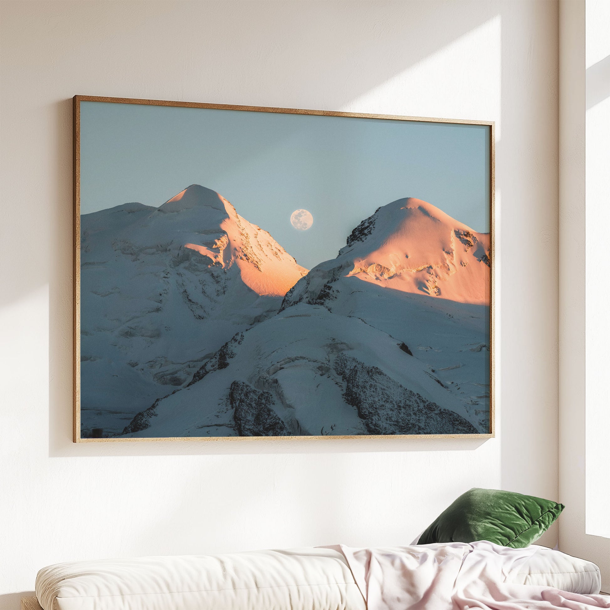 Castor and Pollux mountain wall art displayed above a modern sofa, showcasing warm evening tones and serene nature.