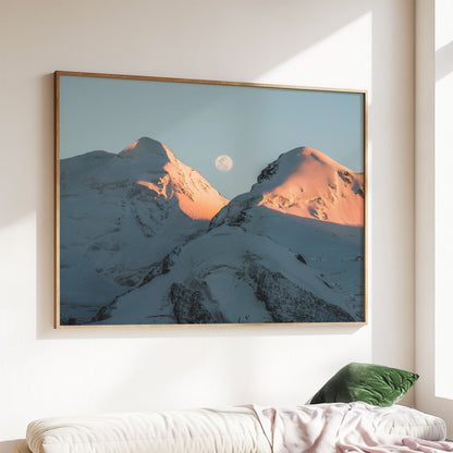 Castor and Pollux mountain wall art displayed above a modern sofa, showcasing warm evening tones and serene nature.