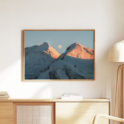 Elegant Castor and Pollux mountain wall art hung in a minimalist room with wooden decor and warm lighting.