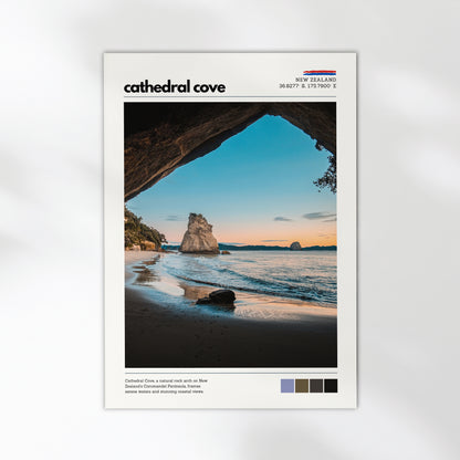 Cathedral Cove coastal wall art print featuring the rock arch and shoreline in New Zealand