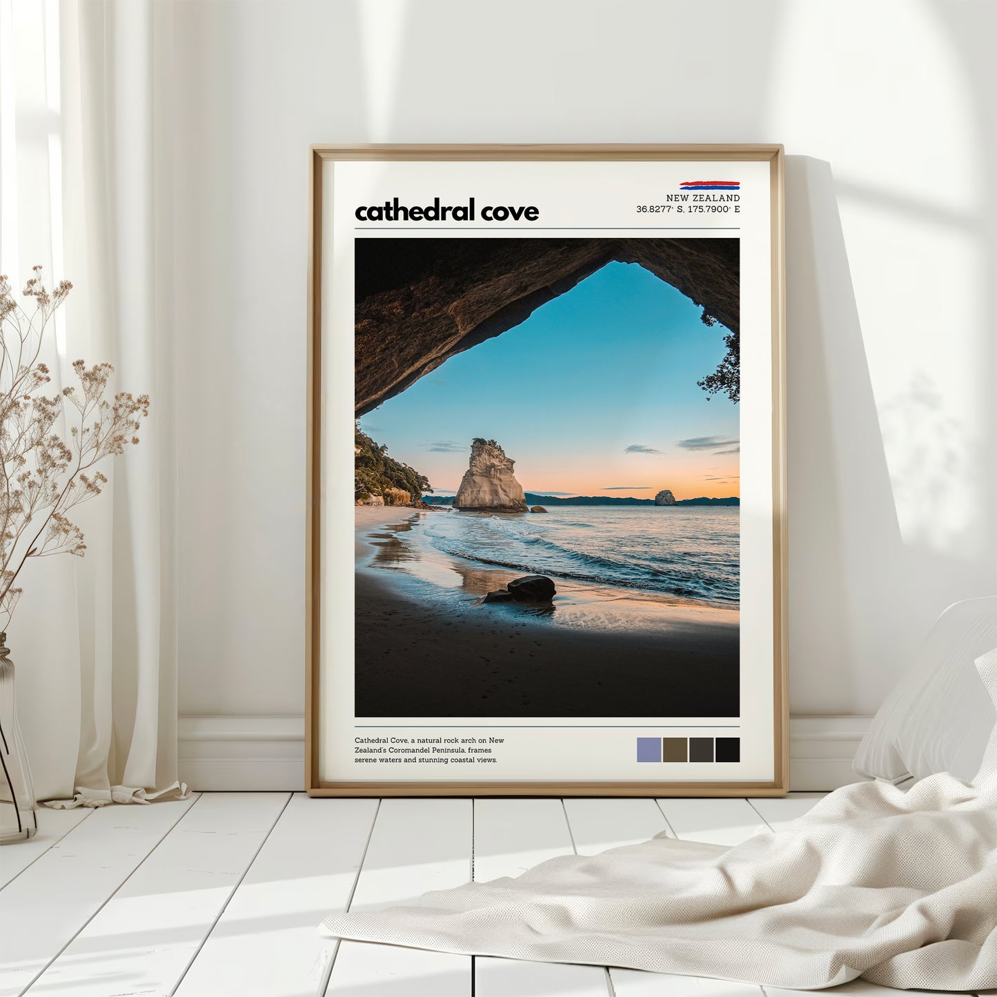 Cathedral Cove wall art print styled in a bright, minimal interior space