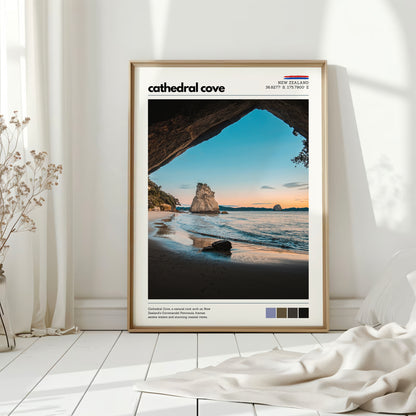 Cathedral Cove wall art print styled in a bright, minimal interior space