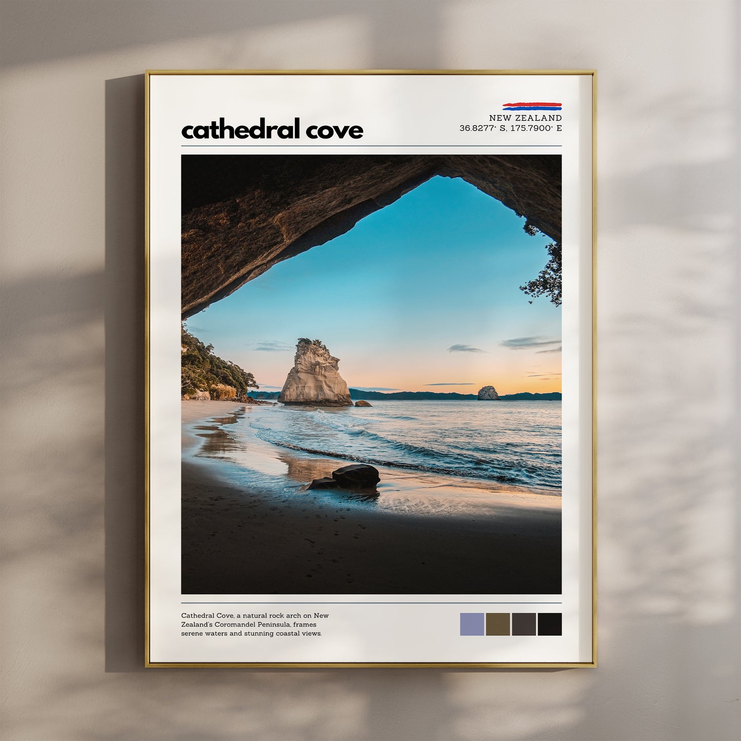 Cathedral Cove wall art print showing the iconic rock arch and offshore stack in early morning light, Coromandel Peninsula, New Zealand