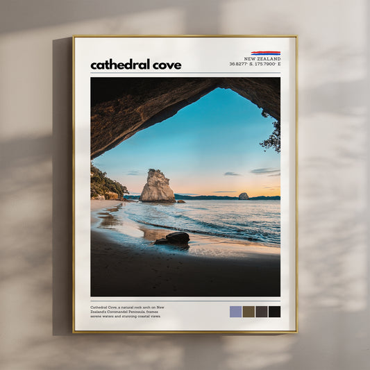 Cathedral Cove wall art print showing the iconic rock arch and offshore stack in early morning light, Coromandel Peninsula, New Zealand