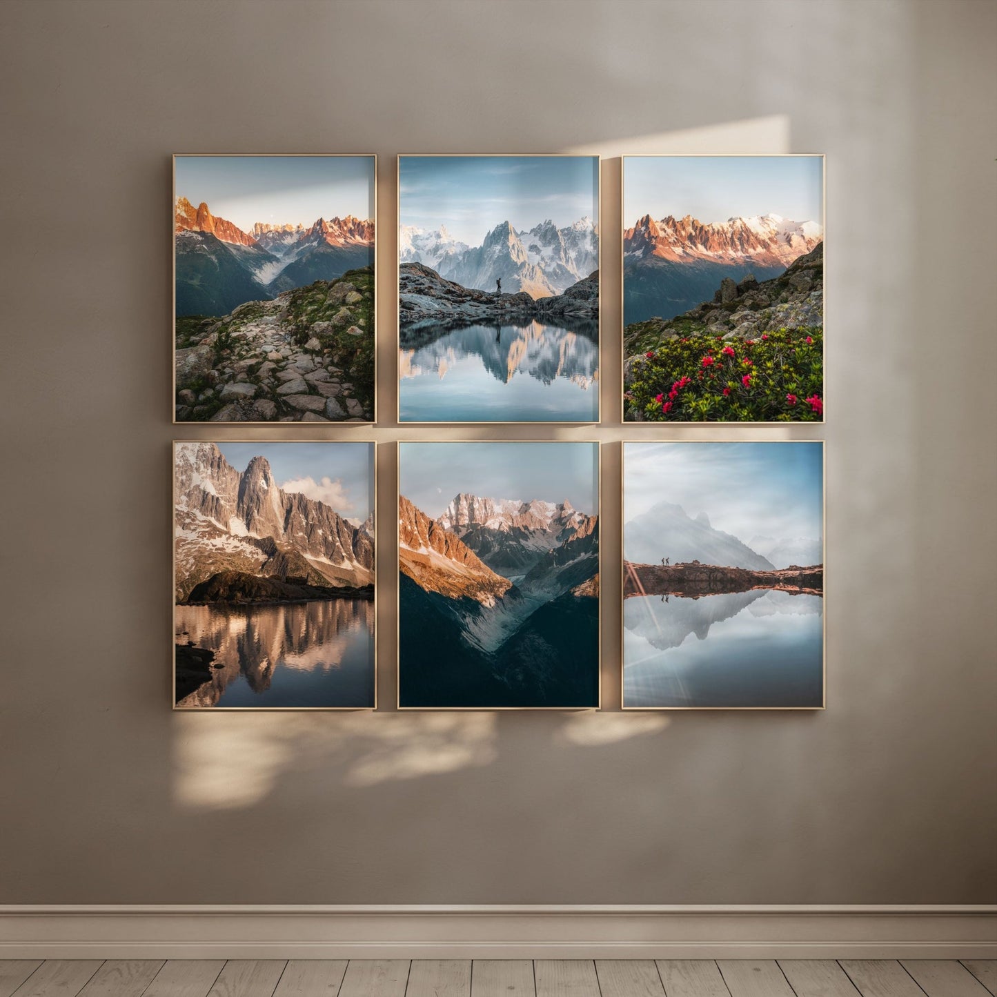 Wall art featuring six frames with alpine sunset photography, perfect for home decor.