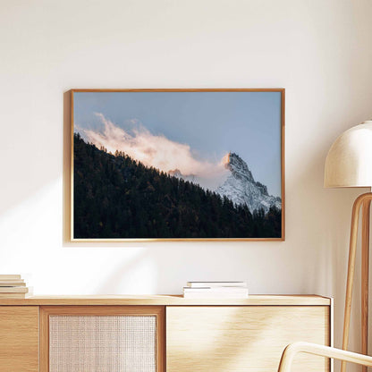 Aiguille du Midi in Chamonix wall art print, featuring serene alpine forests and snowy mountain peaks.