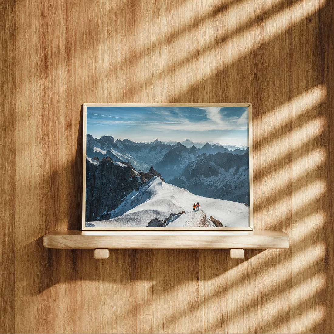 Chamonix Alps winter photo print of skiers on the Midi Arête surrounded by jagged peaks and blue skies.