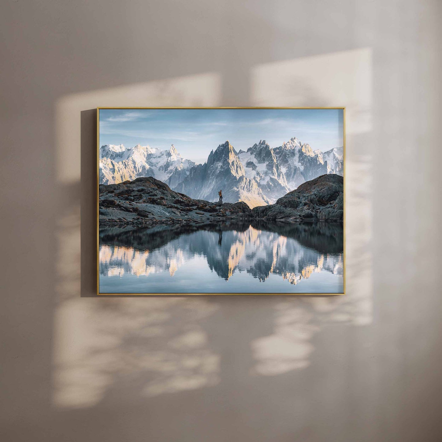 Elegant wall art print featuring Lac Blanc in Chamonix, showcased in a gold frame with soft natural light.