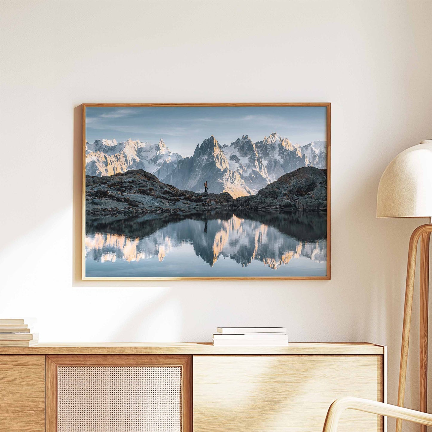 Lac Blanc in Chamonix wall art in a natural wood frame, set in a minimalist interior with warm tones.