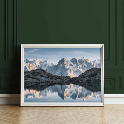 Chamonix Lac Blanc wall print in a white frame, propped against a deep green wall for a bold contrast.