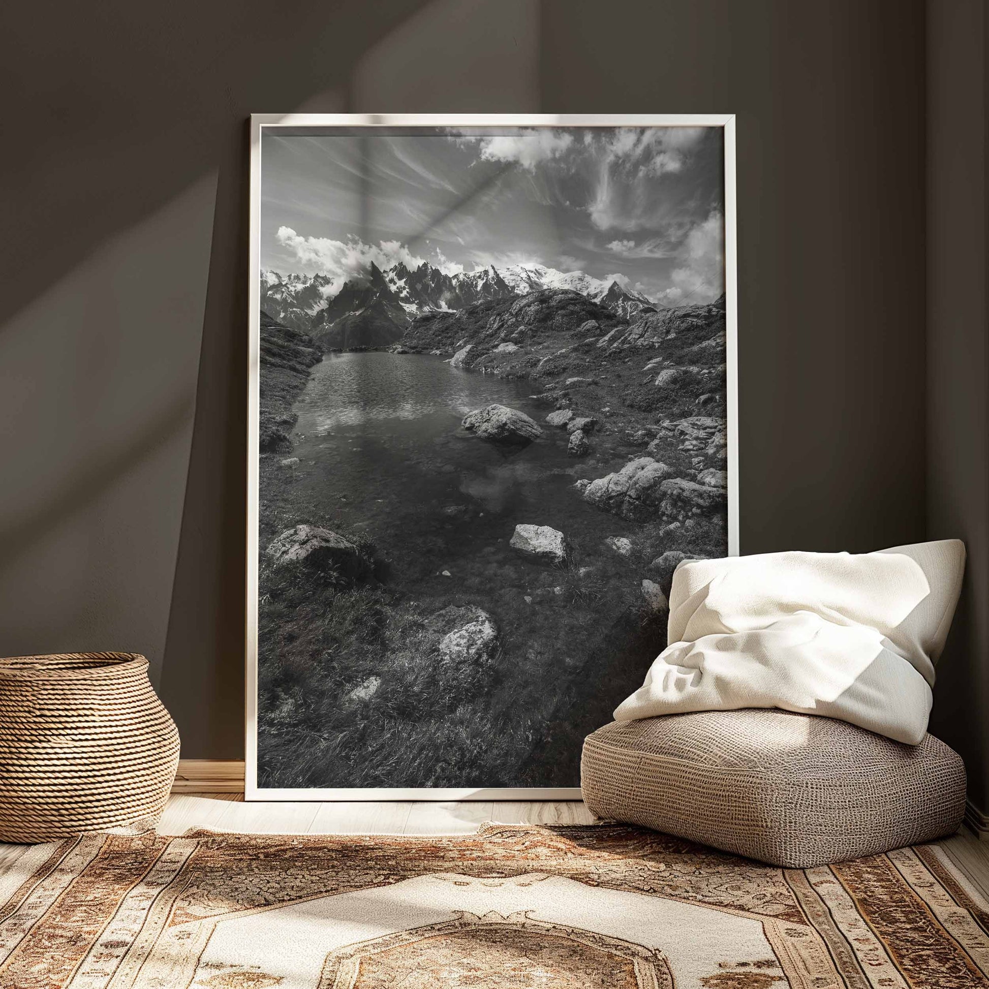 Alpine photography print of Lac Flégère in Chamonix, featuring a dramatic black-and-white landscape.