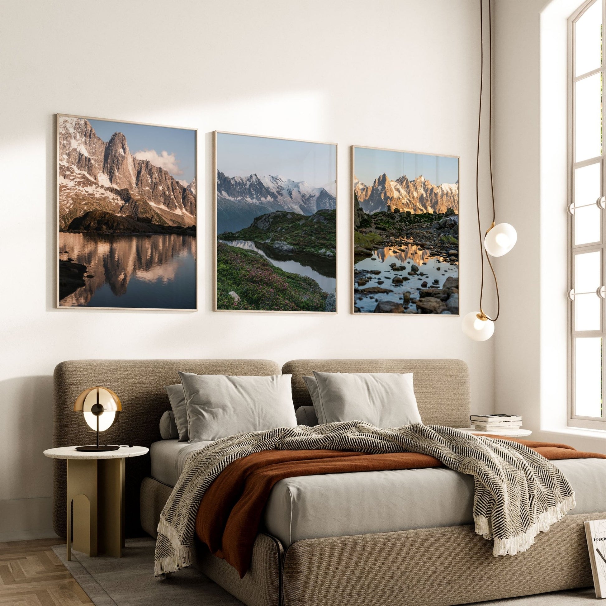 Panoramic alpine scene featuring the Mont Blanc range and pristine waters.