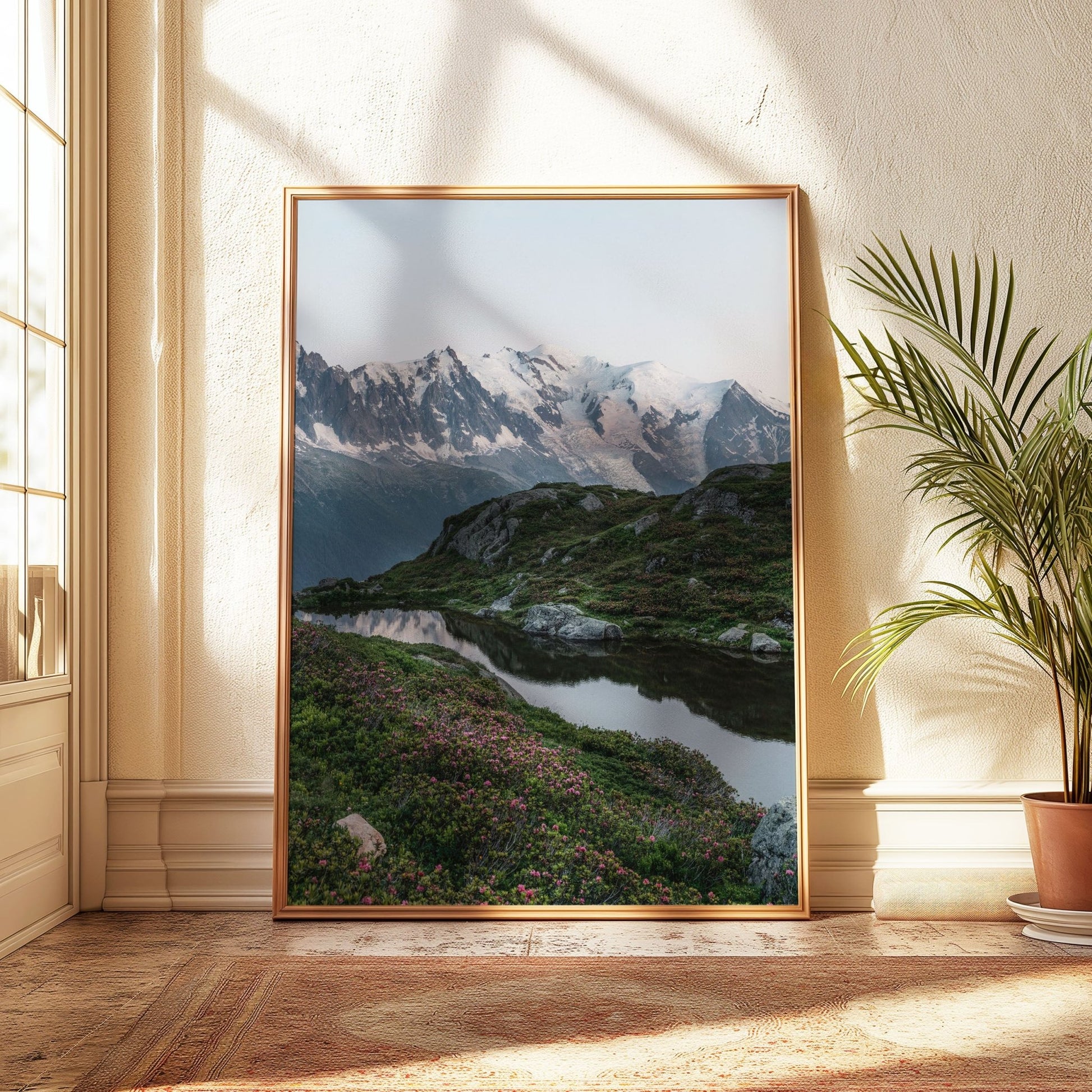 Wildflowers and calm water mirroring the beauty of the Mont Blanc massif.