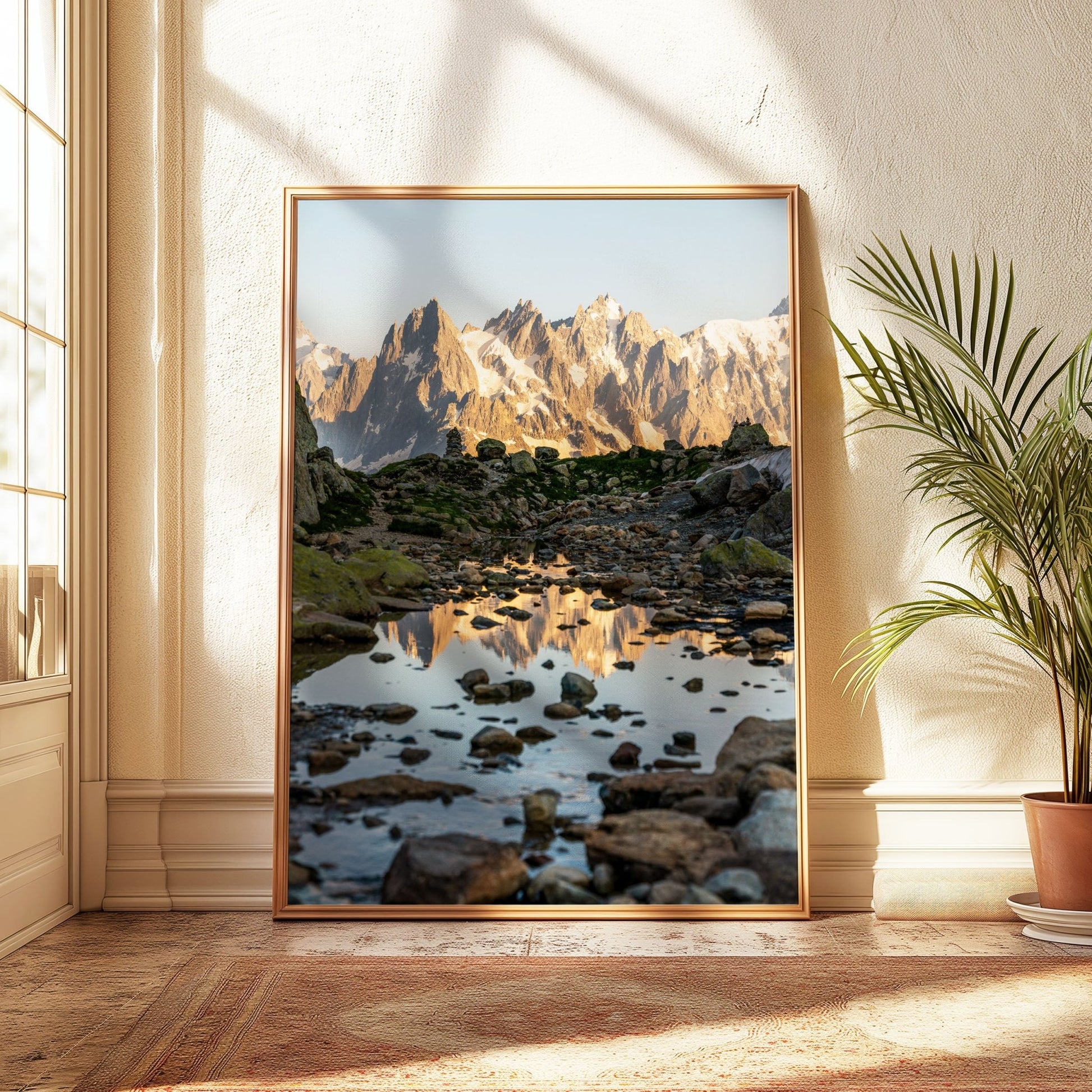 Crystal-clear alpine pond with dramatic mountain peaks in Chamonix.