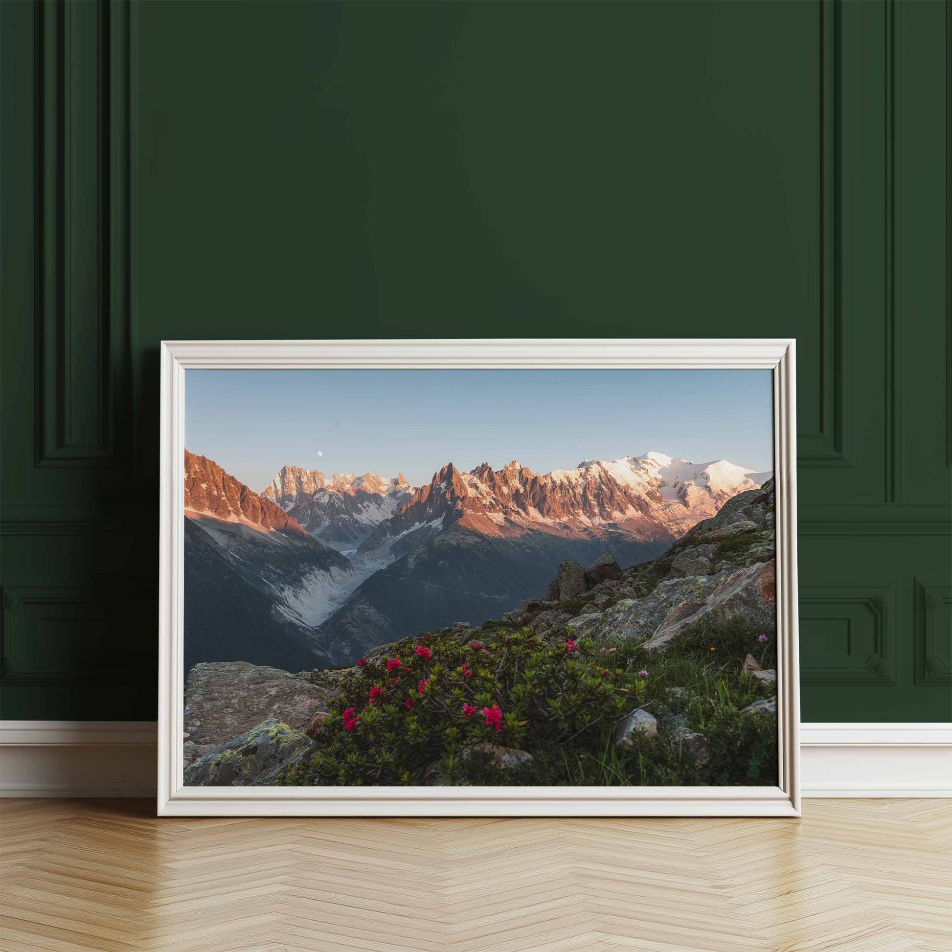 Chamonix valley landscape art print with Mont Blanc massif during golden hour.