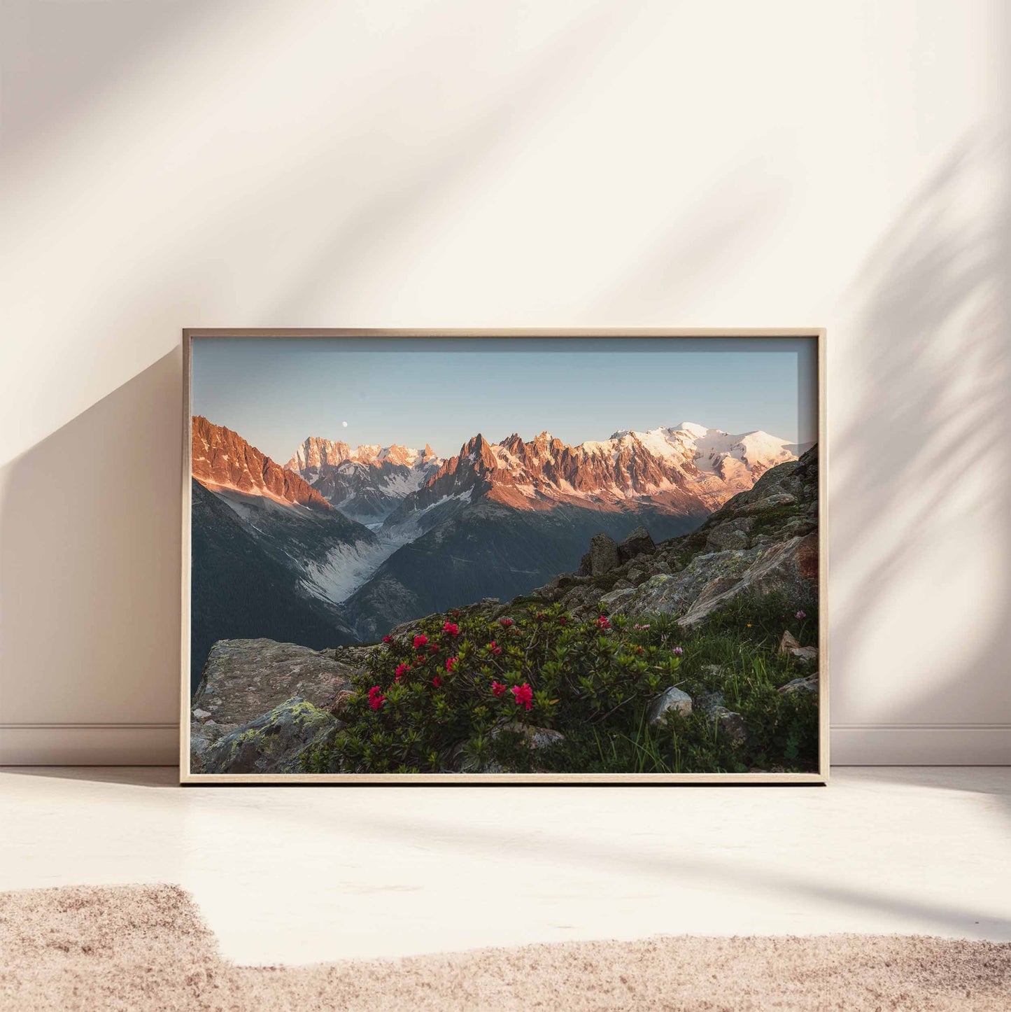 French Alps wall art featuring Mont Blanc massif with glowing peaks and alpine wildflowers.