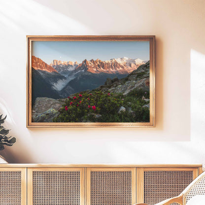 Stunning Chamonix mountain landscape print of Mont Blanc with a natural foreground.