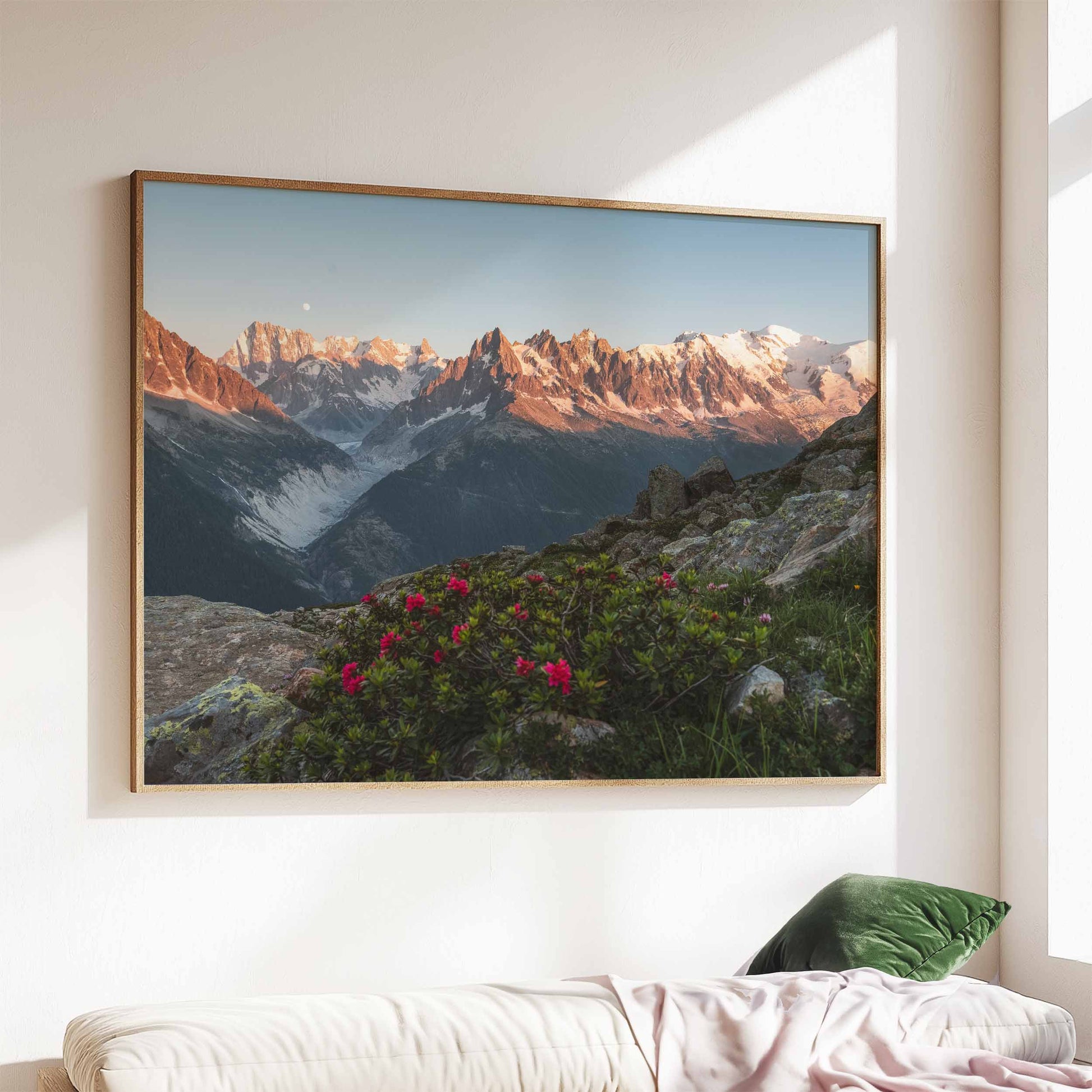 Mont Blanc massif landscape print, showcasing vibrant alpine scenery and glowing peaks.