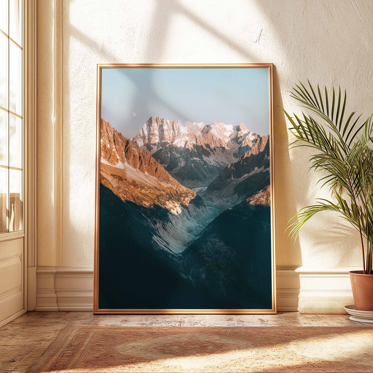 Panoramic view of Mer de Glace glacier surrounded by rugged peaks in Chamonix