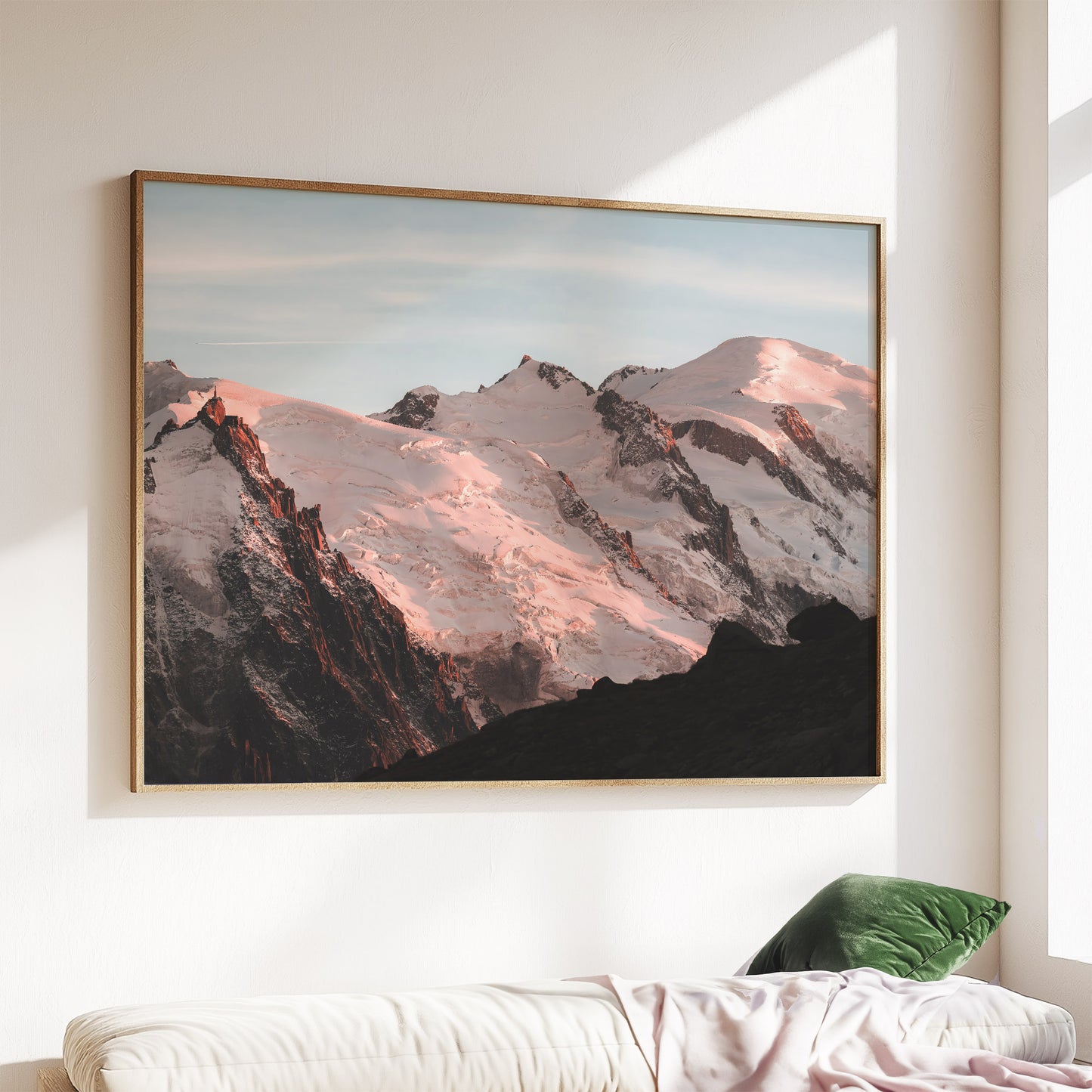 Large wall art print showcasing a sunset view of the Mont Blanc massif, with warm evening tones.