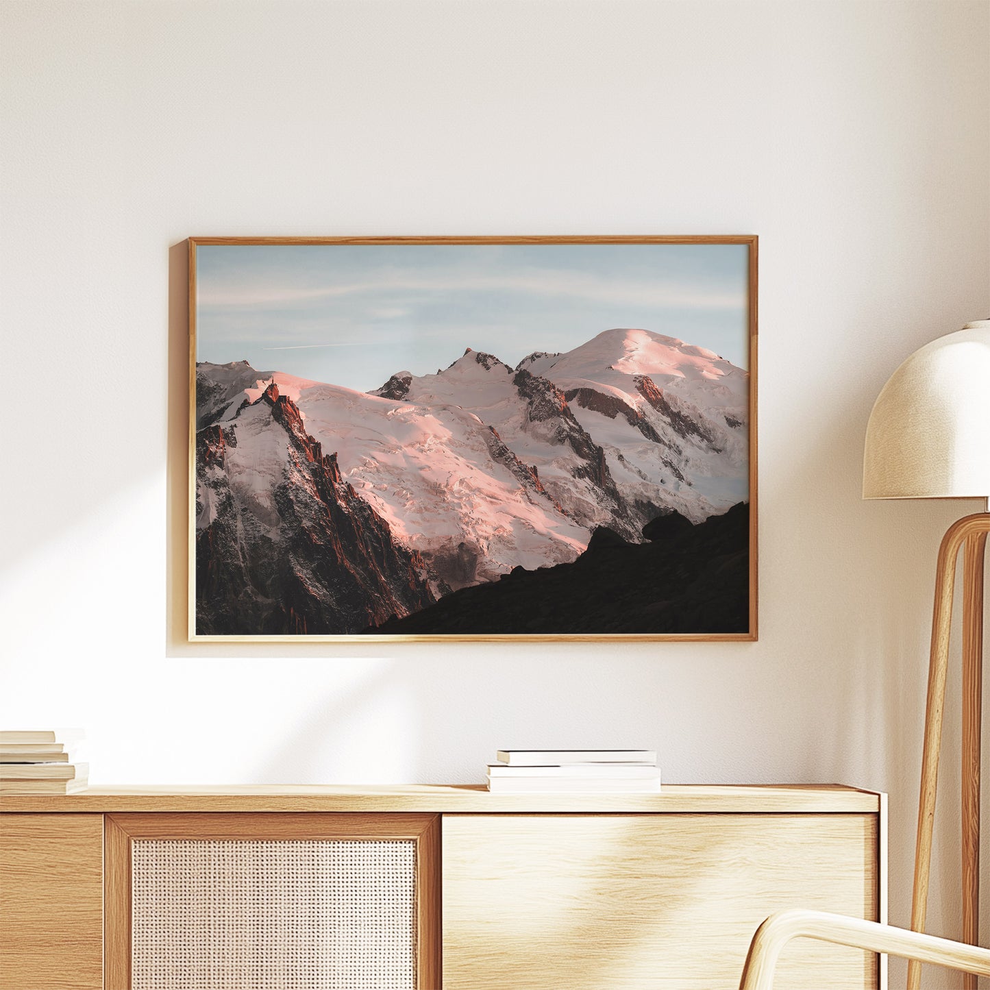 Chamonix sunset art piece highlighting the iconic Mont Blanc massif, ideal for living room decor.