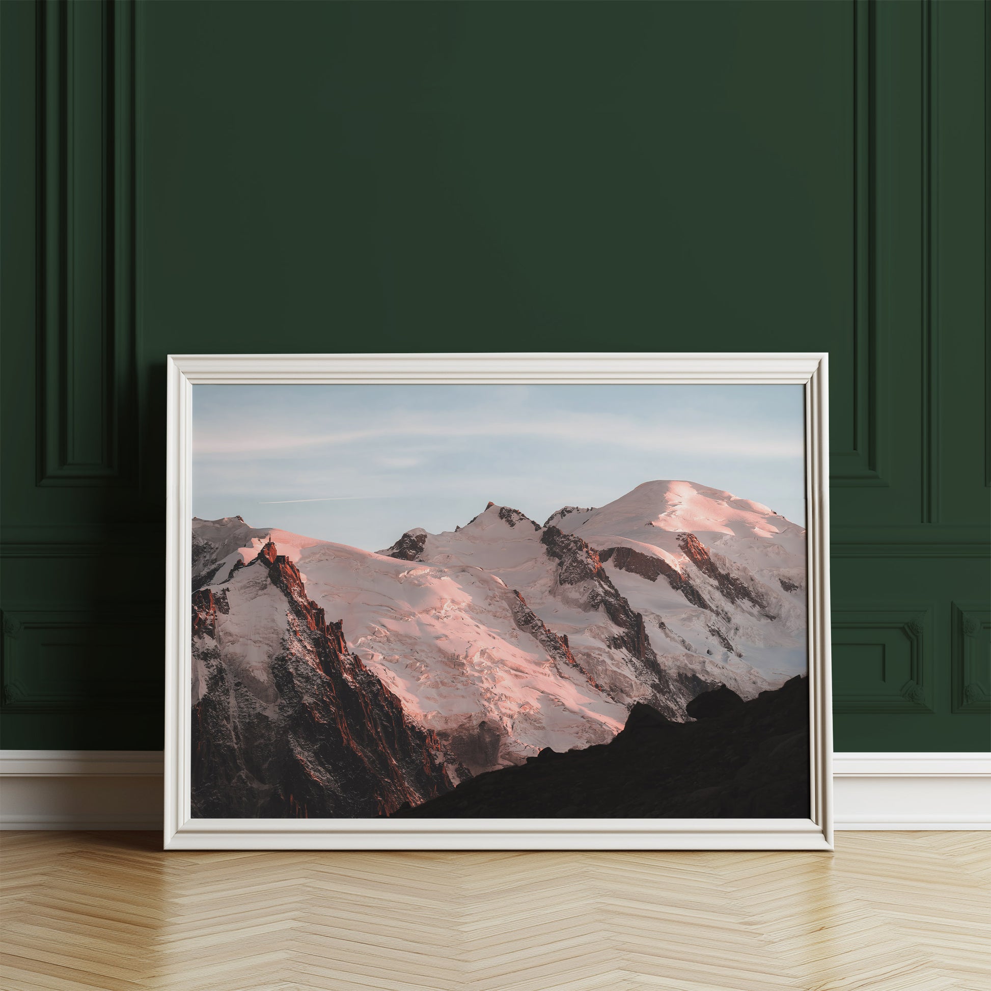 Framed print of Mont Blanc massif at sunset, featuring rich alpine detail and soft hues.