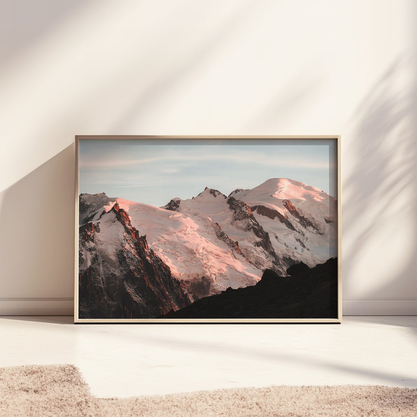 Modern wall decor with a serene sunset view of the Mont Blanc massif in Chamonix, France