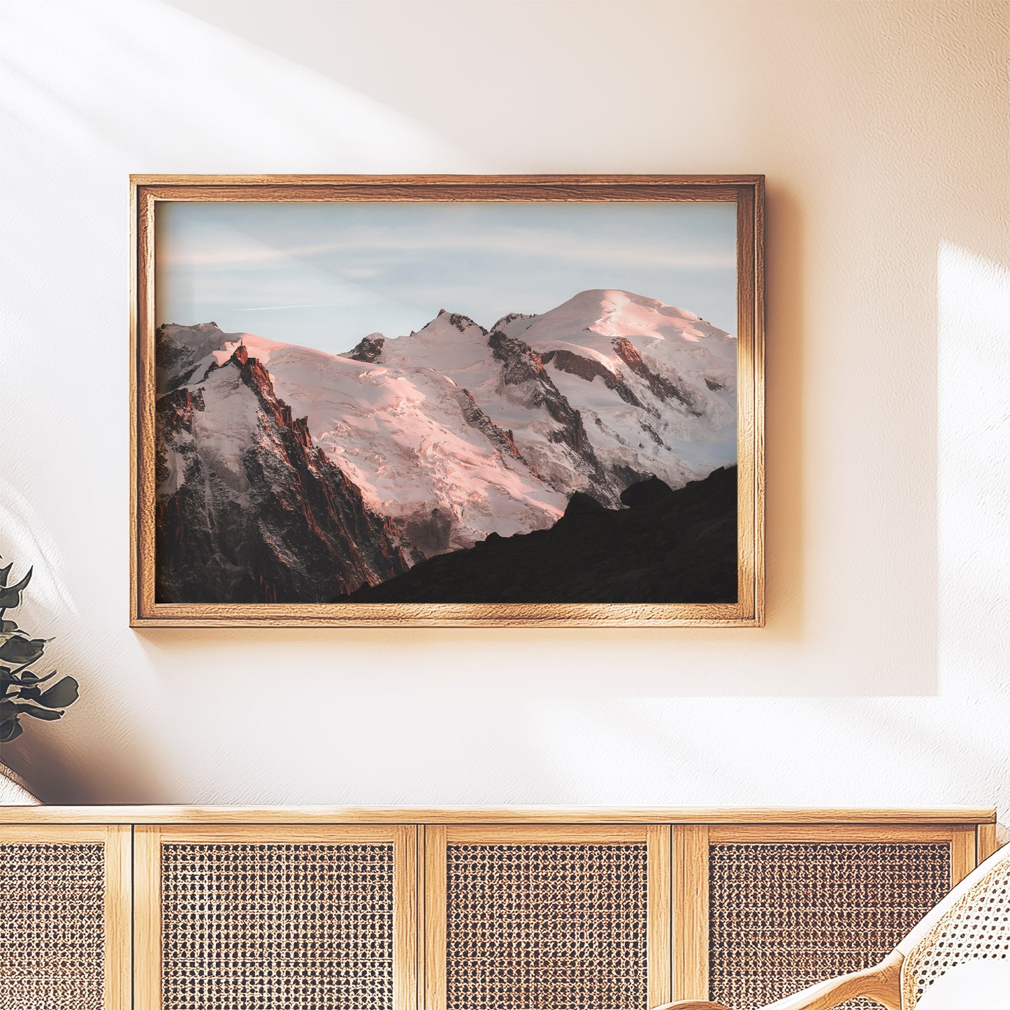 Elegant Mont Blanc massif wall art print capturing the pink sunset glow on snow-covered peaks.