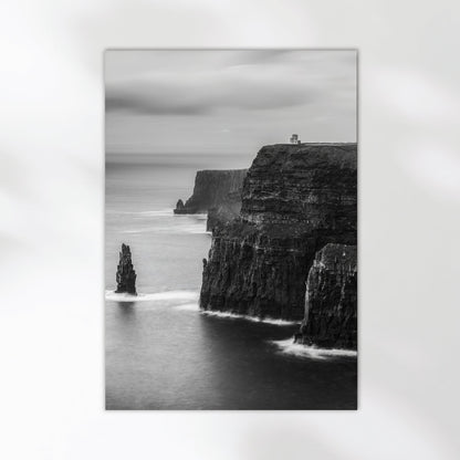 Fine art print of the Cliffs of Moher in monochrome on minimal white wall