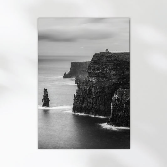 Fine art print of the Cliffs of Moher in monochrome on minimal white wall