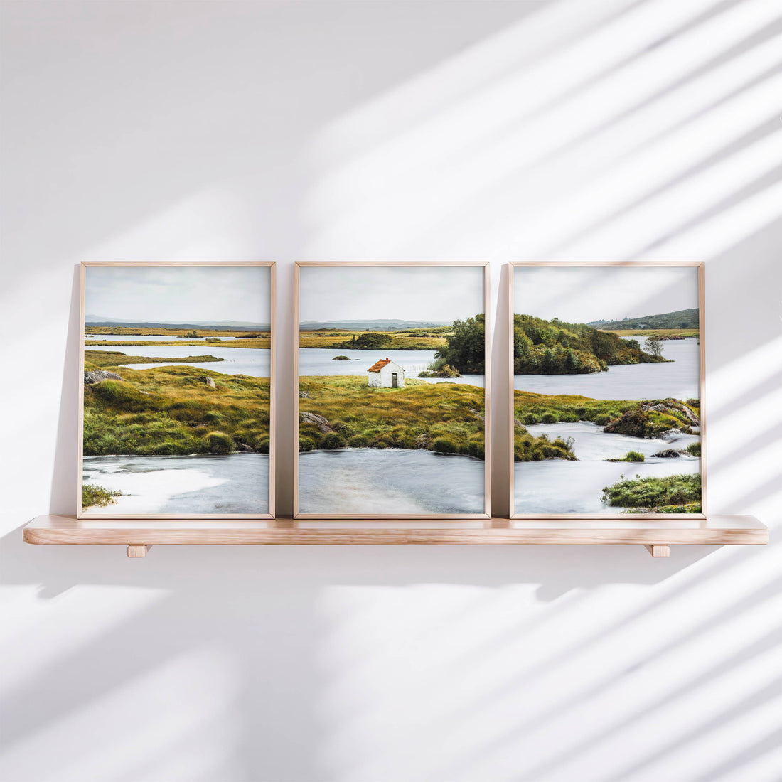 Set of three Connemara wall art prints displayed as a minimalist triptych