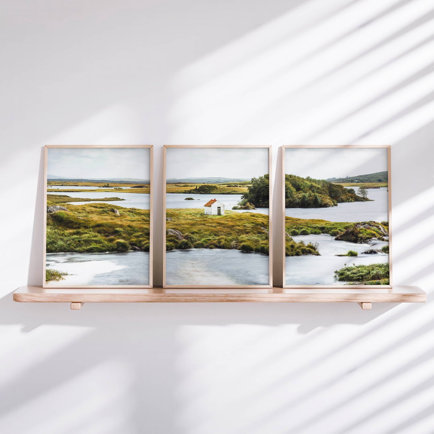 Set of three Connemara wall art prints displayed as a minimalist triptych