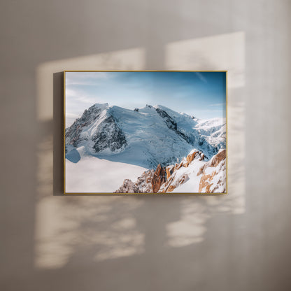 Cosmiques Arête with Mont Blanc massif in the background, framed wall art view.