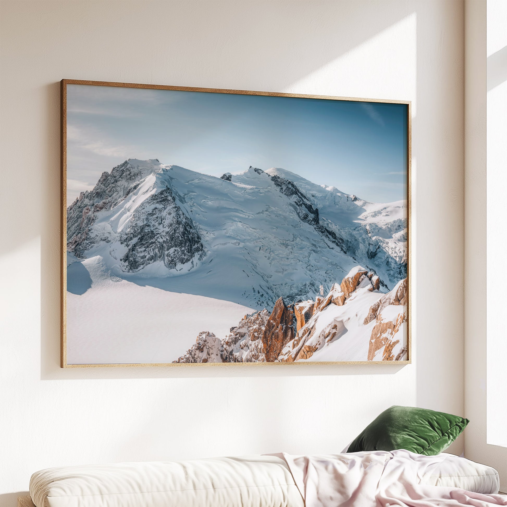 Stunning view of the Cosmiques Arête and Mont Blanc massif, perfect for modern interiors.